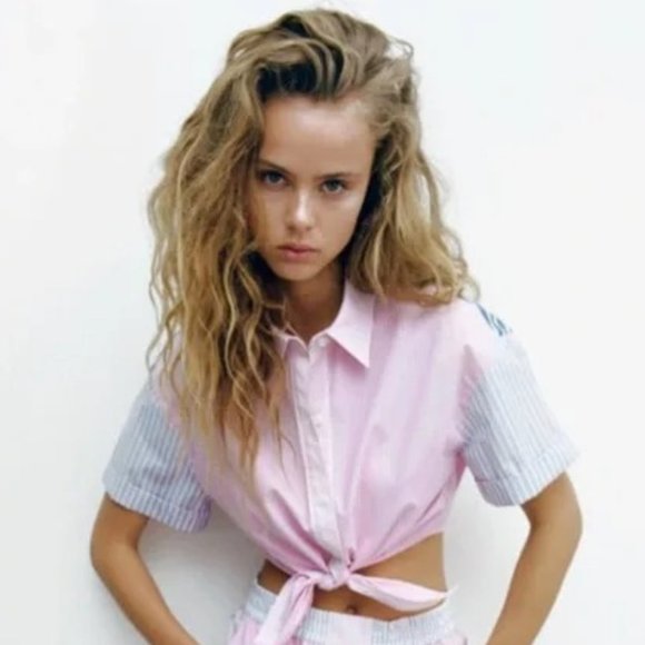 ZARA PINK AND BLUE STRIPED POPLIN SHIRT 100% Cotton Cropped Tie Front Sz L - Picture 2 of 8